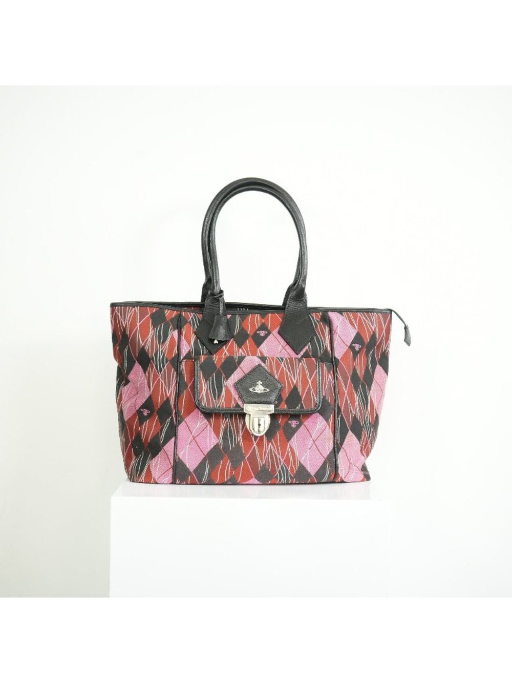 Vivienne Westwood Red and Pink Argyle Fabric Pattern Tote Bag